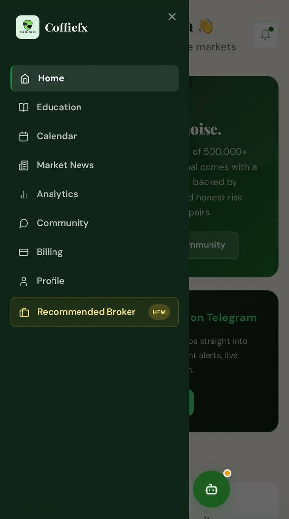 CoffieFX member navigation — Education, Calendar, Analytics, Billing