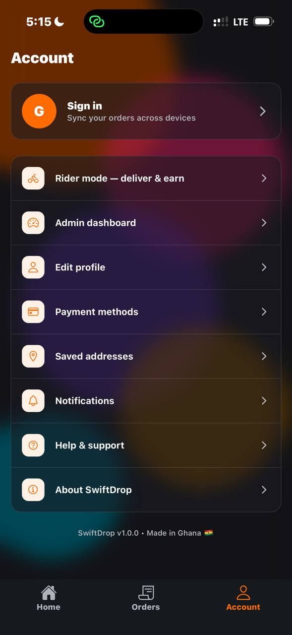 SwiftDrop account screen — rider mode, admin dashboard, payments