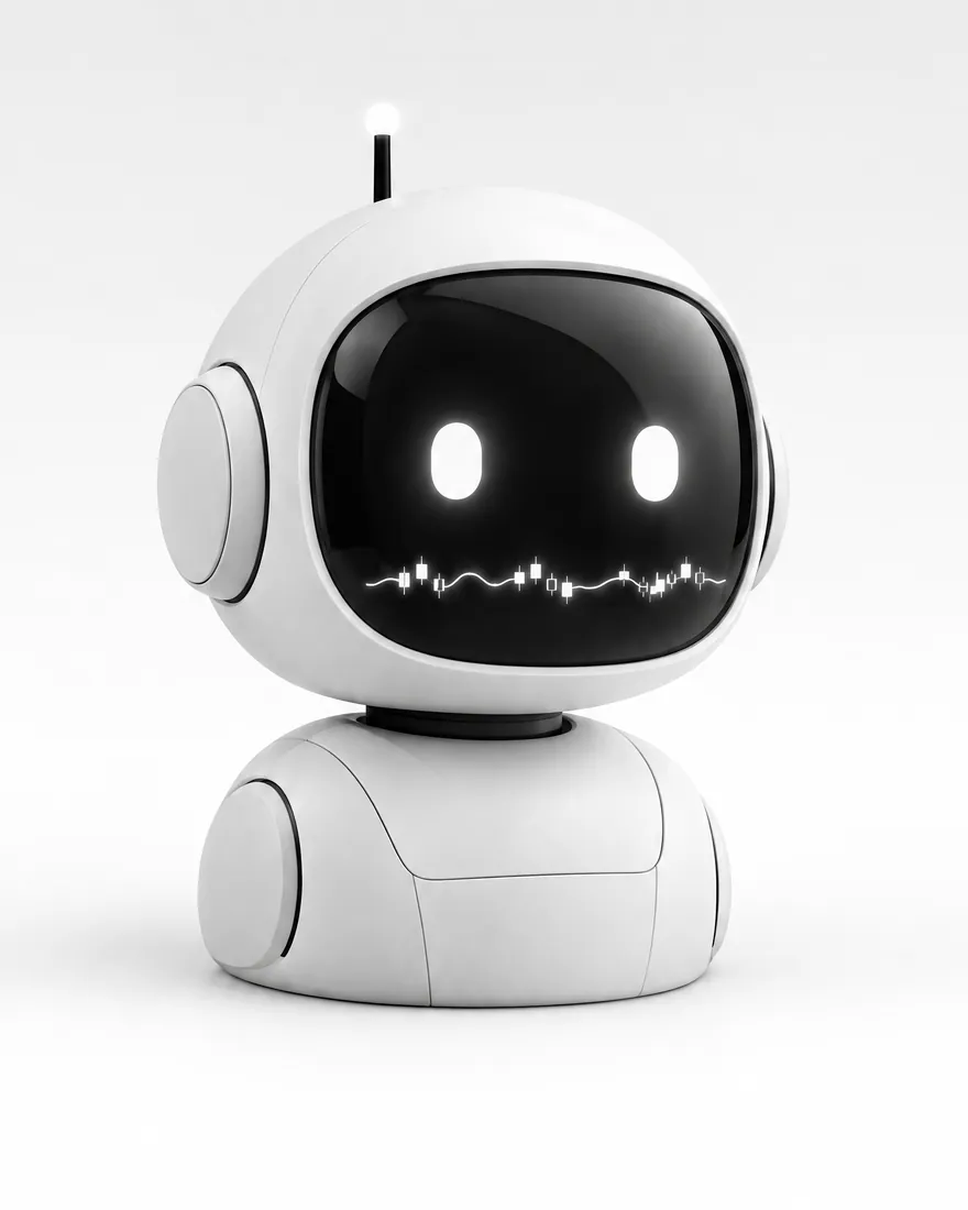 A small white robot with a black screen face; its mouth is a line of candlesticks