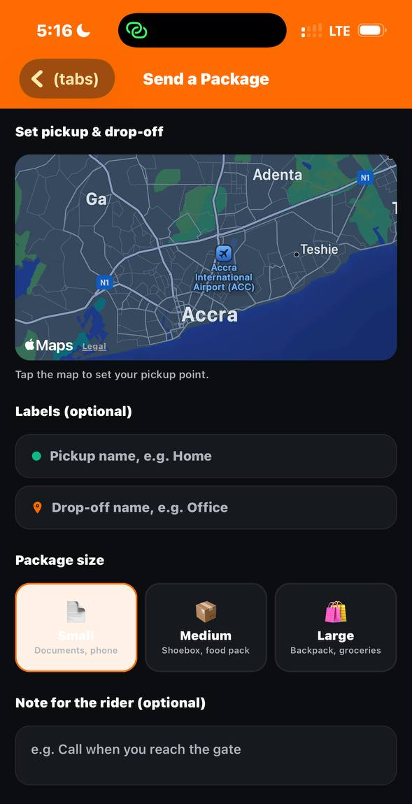 SwiftDrop send a package screen with a map of Accra for pickup and drop-off, package size options